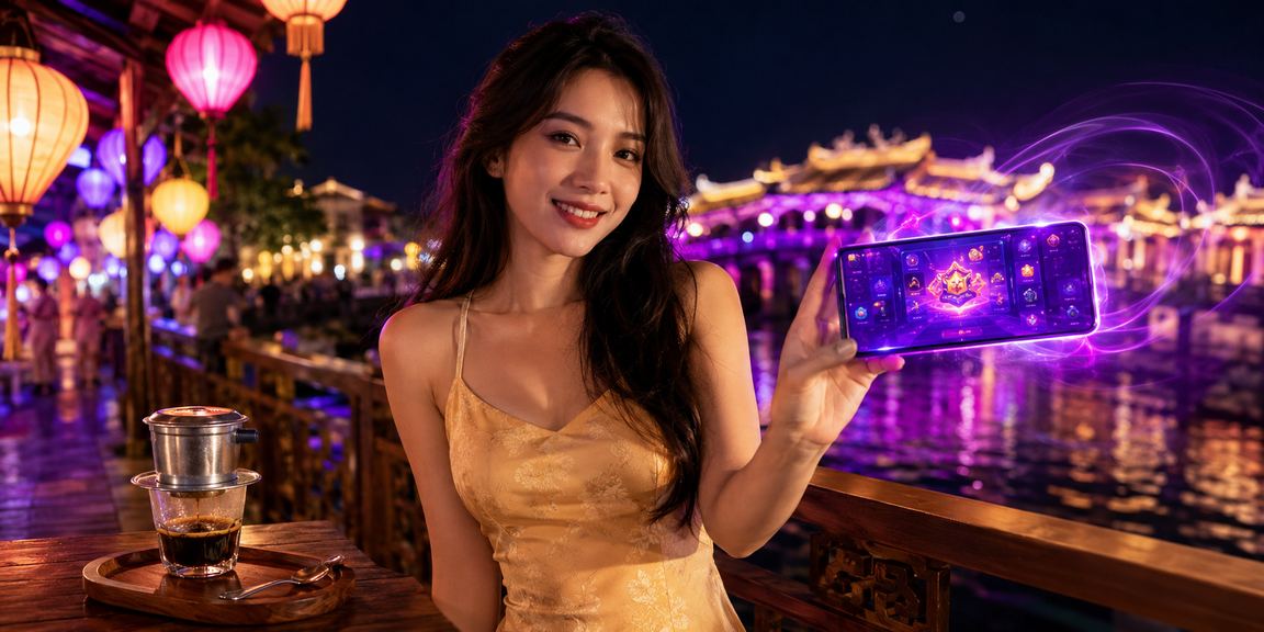 Người chơi tại Huế thư giãn với ly cà phê và điện thoại, thể hiện chơi game có trách nhiệm